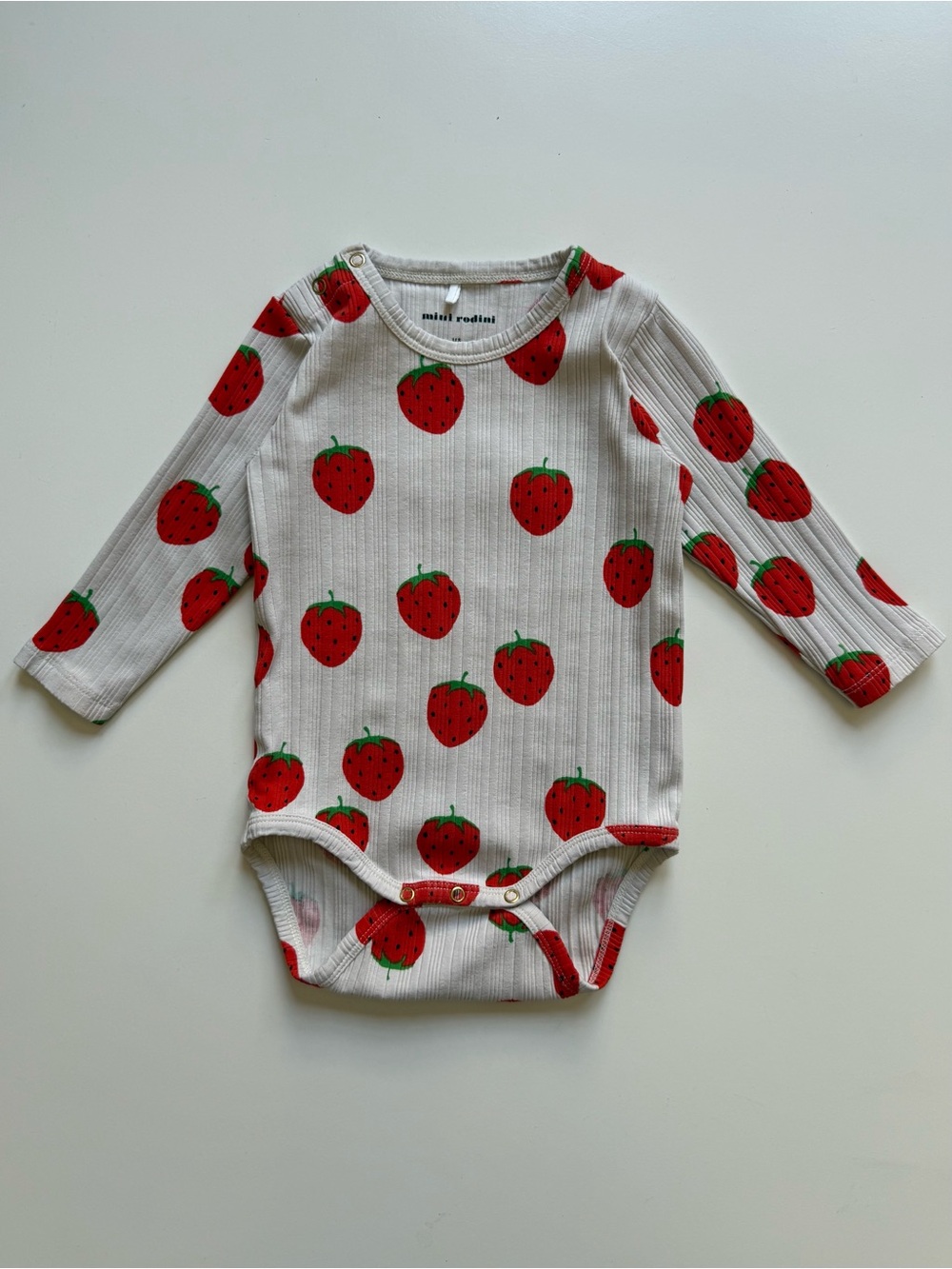 Mini Rodini Baby Girl Organic Cotton Strawberry Onesie, Ecru